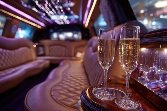 Limo Interior. Closeup of Bar with Champagne Bottles and Carpet for Celebration