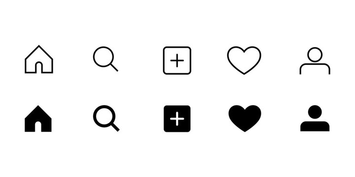 Essential UI UX Icons Set with Home, Search, Add, Favorite, and User Profile Symbols in Outline and Filled Minimal Vector Style