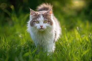 Adorable grown black and white house cat walking through lush greenery and gazing at you