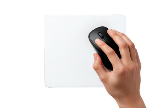 Hand using a computer mouse on a white mousepad. - Powered by Adobe