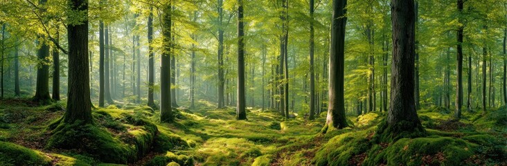 Fototapeta premium A tranquil forest scene featuring tall trees and moss-covered ground bathed in dappled sunlight filtering through the canopy