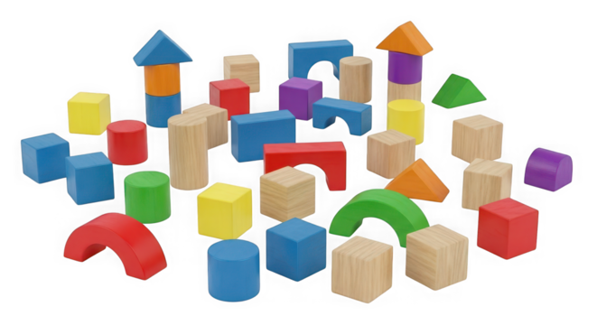Vibrant collection of wooden and plastic building blocks for creative play and educational development transparent background