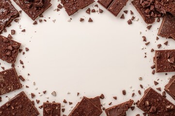 Tasty chocolate pieces and bars arranged on a white background, with space for text, featuring milk, dark, and candy varieties.