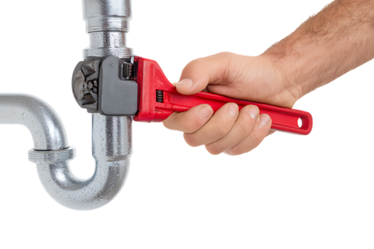 Hand using an adjustable wrench on a pipe.