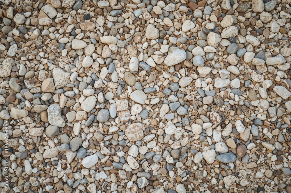 Poster close-up of natural small pebbles creating a textured floor surface with rough gravel stones. high r
