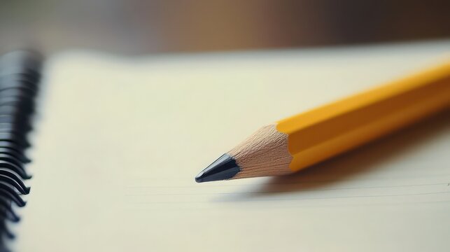 A close up of a yellow pencil on a notebook with a spiral binding showing the tip of the pencil well