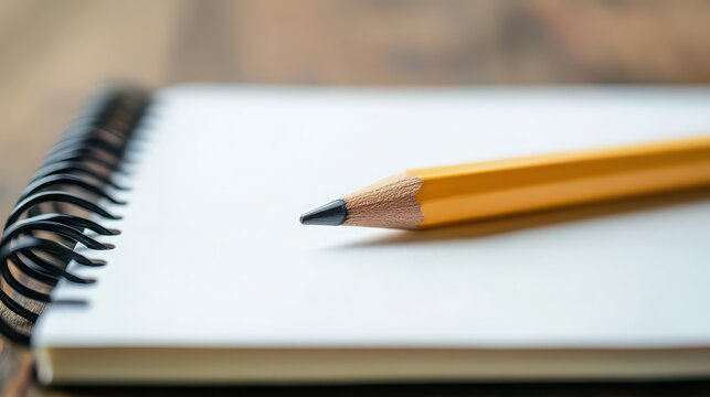 A close up of a yellow pencil lying on a spiral notebook with a blurred wooden background visible too - Powered by Adobe