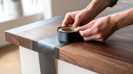 Repair and diy concept: hands applying black tape on wooden surface for home improvement project