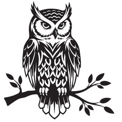 Stylized Black and White Owl Perched on a Tree Branch