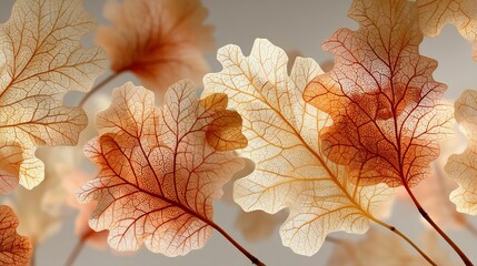 Translucent macro composition of delicate maple and oak leaves, representing the fragile beauty and intricate details of the autumn season.