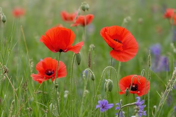 Obraz premium Bright crimson poppies blooming in a lush spring meadow filled with green grass and purple blossoms.