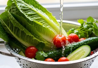 Washing fresh vegetables with lettuce in a colander under running water
