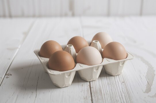 Detailed shot of uncooked eggs in a carton set against a white wooden surface