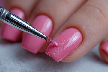 Manicure Acrylic Nail Shape. Nail Coating and Strengthening for Modern Design. Beauty Salon Close-up