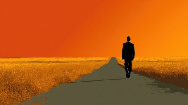 Man Walking Away Silhouette. Successful Manager in Brown Field with Wheat and Sunny Day