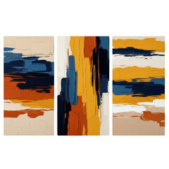 Abstract triptych with bold brushstrokes in warm and cool tones isolated on transparent background