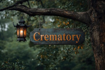Cremation symbol suspended on tree alongside metal lantern in Chinese style