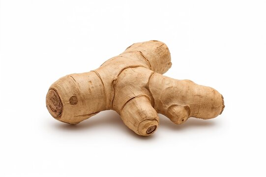 Detailed view of dried ginger rhizome (Zingiber officinale) on a white backdrop