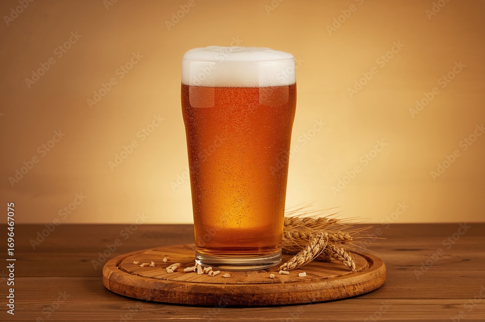 Poster amber lager in a clear glass with soft foam resting on a wooden surface against a warm gradient back