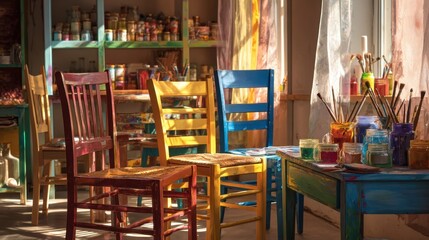 Sunlit art studio with colorful chairs and paints for creative inspiration and artistic projects