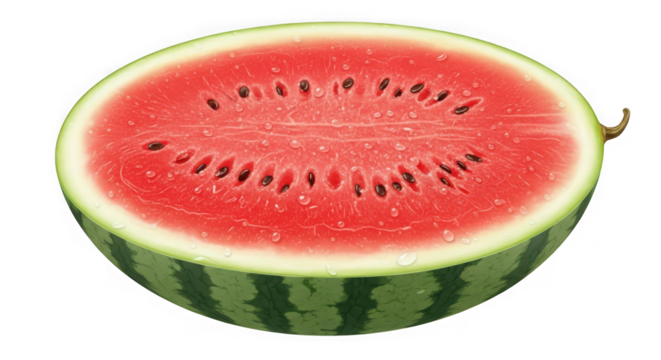 Juicy watermelon half fresh ripe summer fruit slice seeded red green sweet refreshing healthy organic delicious nature food transparent background