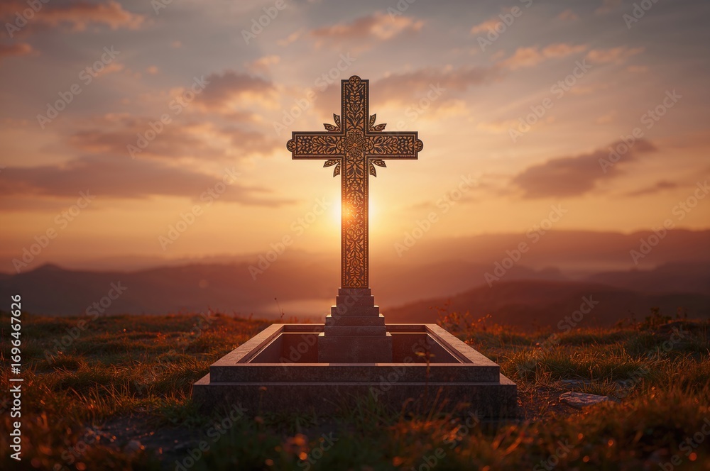 Poster concept of easter and good friday with an empty grave and cross at dawn