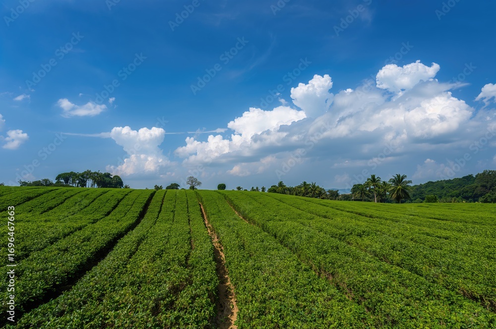 Poster bird's-eye perspective of a scenic tea plantation featuring neatly arranged bushes beneath a clear s