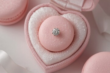 Heart-shaped box holding a pink macaroon cookie with a diamond engagement ring inside