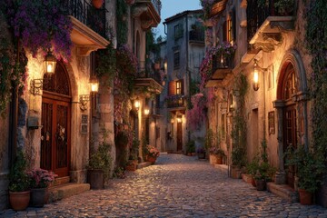 Fototapeta premium Picturesque street illuminated by lanterns and flowers