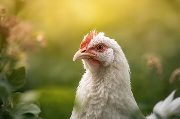 Fototapeta premium Close-up of a farm bird with a blurred natural backdrop, summer setting