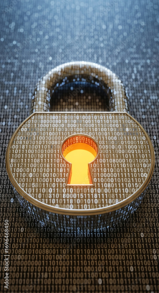 Poster golden padlock on binary code background, keyhole glowing, symbolizing digital security and data pro