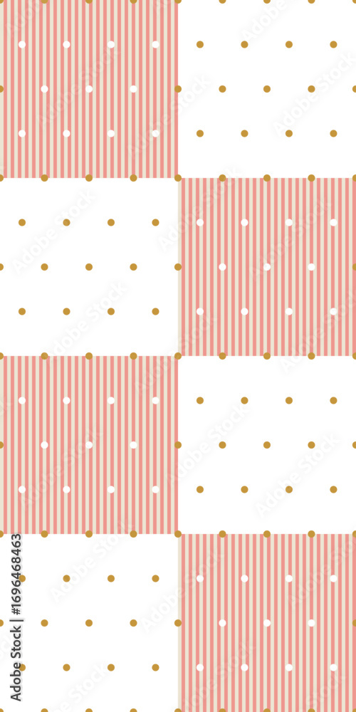 Poster seamless vector pattern with alternating red stripes and golden polka dots, retro geometric design w