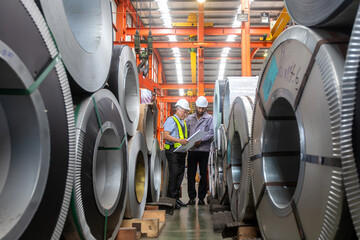 Technician industrial worker inspecting aluminum metal sheet fabricating roll check stock materials...