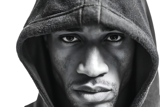 Close up portrait of a serious man in a hoodie.