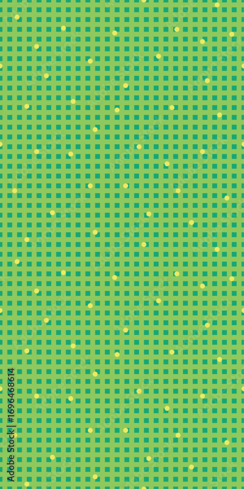 Poster seamless vector pattern with green yellow square grid and small dots, abstract digital tile with pla