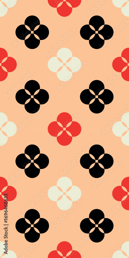 Aufkleber seamless vector pattern with abstract geometric clover shapes in red black cream on peach background