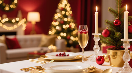 Christmas table setting fine dining still life in warm gold, red and green palette representing festive dinner, celebration and family gathering with copy space on softly blurred living room holiday 