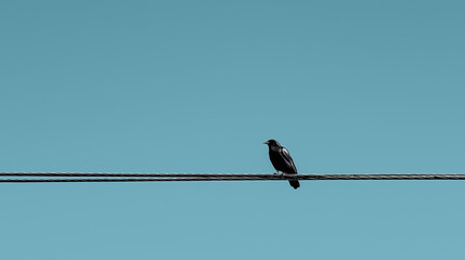 A lone bird perched on a telephone wire against a clear sky.