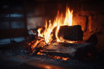 Fototapeta premium Burning Fireplace with Flames and Glowing Embers, Cozy Warmth.