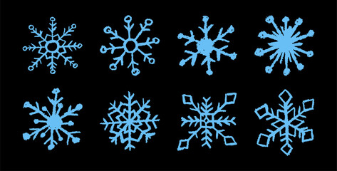 Christmas snowflake set with wax, white crayon or charcoal texture. Quirky chalkboard style, perfect for kindergarten Xmas crafts, cards and holiday designs. Vector illustration drawn as if by a child