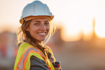 Happy foreman builder woman at construction site. Side profile portrait of a female apprentice builder working on apprenticeship training scheme. Inspiring young woman, international women's day