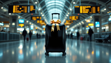 Naklejka premium Airport suitcase with gold ribbon travel lifestyle scene in black and gold palette representing gift trip, premium travel and holiday journey with copy space on blurred terminal background