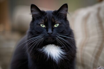 Close-up of a black cat with a white chest