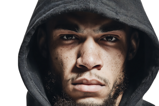 Close up portrait of a serious young man wearing a hoodie. - Powered by Adobe