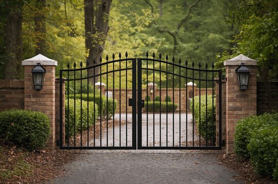 Fototapeta Dark metal entrance gates for driveway framed by brick wall with garden plants and trees behind