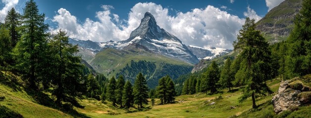 Striking alpine vista showcases a majestic, snow-capped mountain towering over a lush valley filled with verdant trees under a blue sky