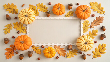 White wavy frame lies on a beige surface, surrounded by pumpkins, acorns, and oak leaves, creating a cozy autumnal atmosphere, perfect for halloween or thanksgiving celebrations
