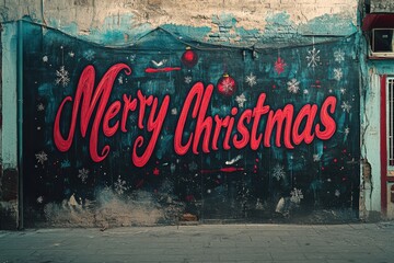 Vibrant mural featuring festive Merry Christmas lettering against a textured wall, adorned with snowflakes and ornaments, capturing the spirit of holiday celebrations