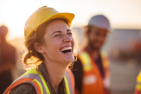 Inclusive and candid image of a multiethnic team of female construction workers laughing and socialising, professional portrait of a diverse group of tradeswoman builders, copy space, golden hour