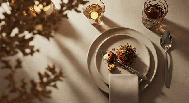 Elegant Dinner Setting With Gourmet Dish and Artistic Lighting Atmosphere